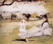 Berthe Morisot The mother and her child on the meadow painting